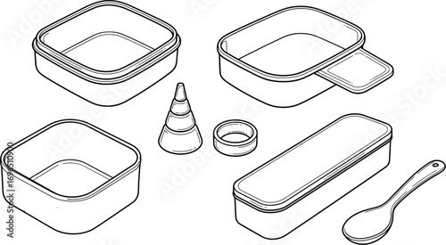 Set of empty food containers and utensils for meal preparation and storage