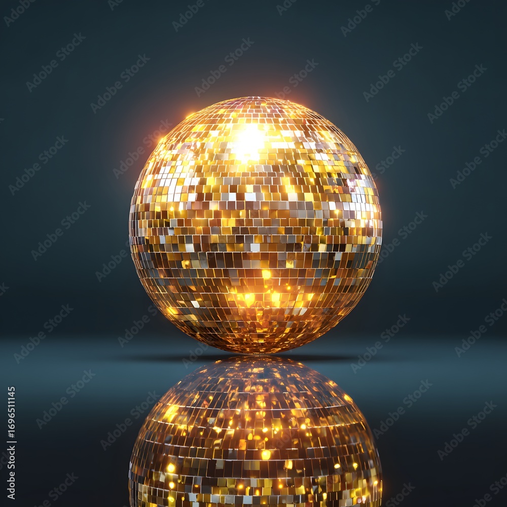 Obraz premium A golden disco ball sparkles and reflects light, isolated on white background, creating a festive and glamorous atmosphere 