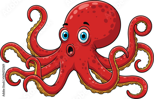 Cartoon red octopus character with big eyes, cute funny sea animal, underwater creature with tentacles, surprised expression, marine wildlife, ocean animal, aquatic illustration