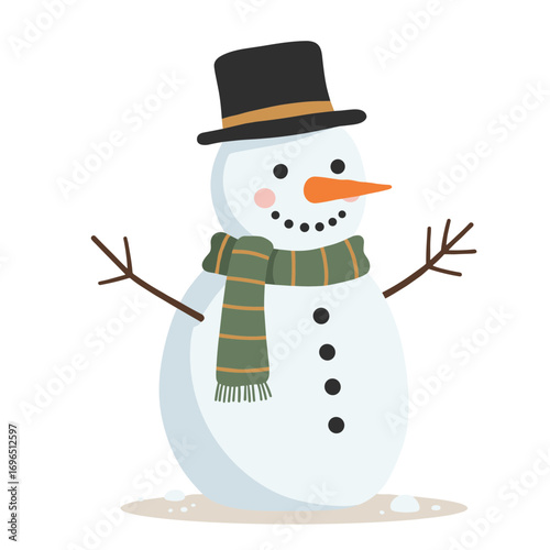 Cute snowman wearing a black hat and green scarf, vector illustration on transparent background  