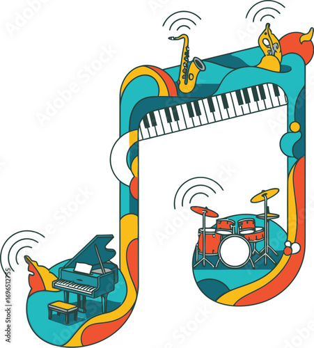 Vibrant musical note illustration with piano, saxophone, and drums creating joyful sounds.