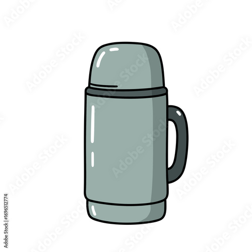 Gray thermos bottle with handle, vector illustration on transparent background  