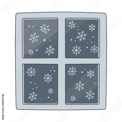 Winter vector illustration of a window with snowflakes on glass, vector illustration on transparent background    