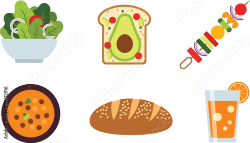 Fresh and healthy meal icons including salad, avocado toast, kebab, soup, bread, and juice.