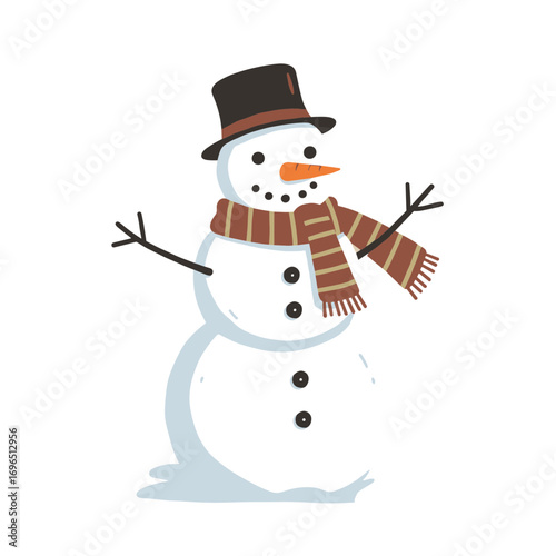 Snowman wearing a top hat and striped scarf smiling in winter, vector illustration on transparent background   