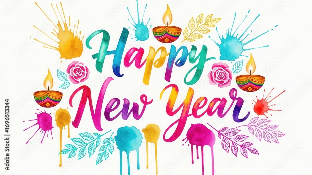 Naklejka premium Happy New Year Watercolor Script. Diwali Diyas and Festive Splash.