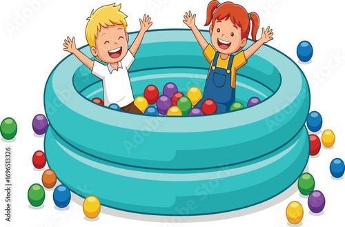 Children playing in ball pool, joyful kids, colorful balls, inflatable fun, cartoon illustration, happy moment, childhood activity, outdoor recreation