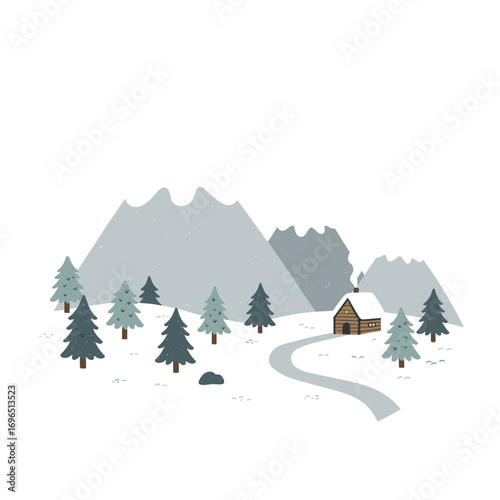 Winter landscape with mountains, trees, and cabin in snow, vector illustration on transparent background    