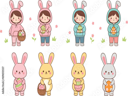 Easter cartoon characters, bunny costumes, children and bunnies, festive illustration, spring celebration, colorful eggs, joyful holiday scene, cute design
