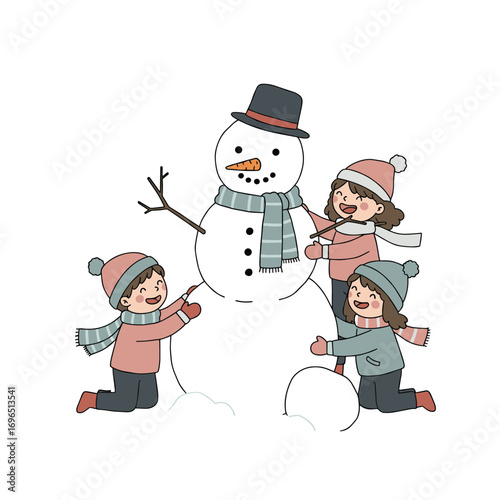Three children building a snowman in winter vector illustration on transparent background  