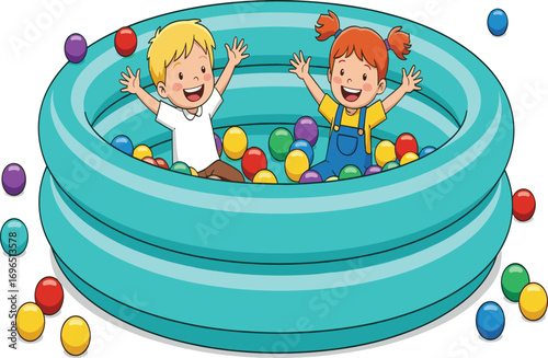 Children playing in ball pit, joyful kids, inflatable pool fun, colorful balls, cartoon illustration, happy moment, childhood activity, recreation