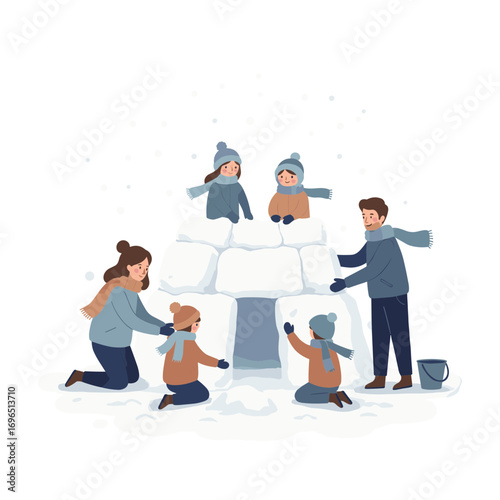 Family building snow igloo together during winter day in snow, vector illustration on transparent background    