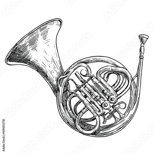 Detailed French Horn Illustration Musical Instrument Sketch Drawing with Intricate Lines and Shading Detailed Design