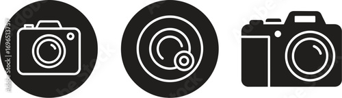 Simple graphic icons of cameras and a lens symbol on a dark background
