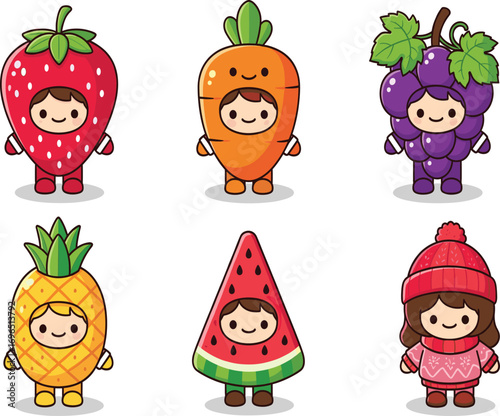 Fruit costume cartoon, vegetable outfit kids, playful characters, healthy food theme, cute illustration, children dress-up, colorful design, fun concept