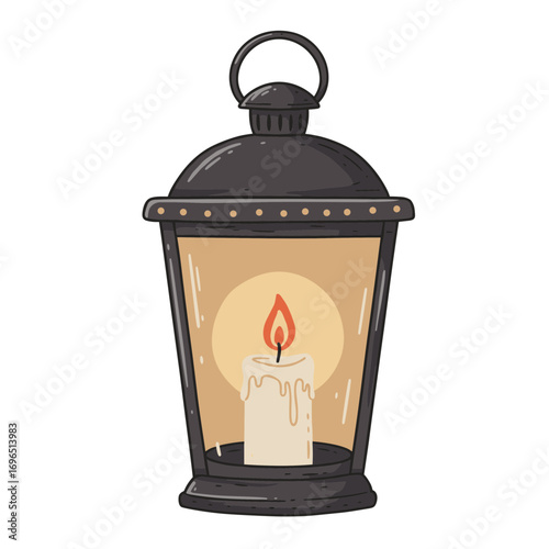 Lantern with candle glowing warmly in cozy indoor setting  