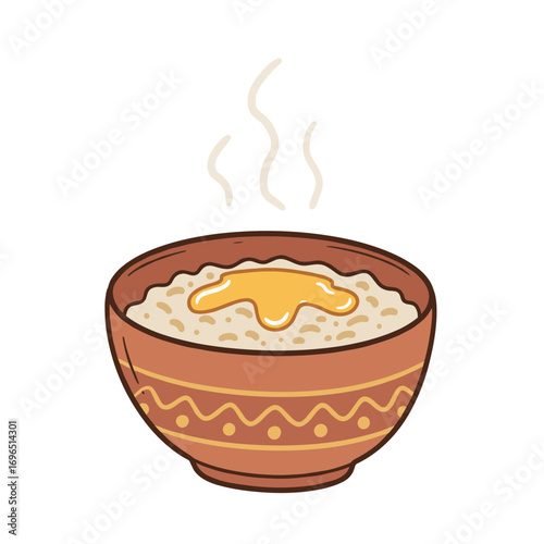 Hot bowl of oatmeal with honey on a white background  