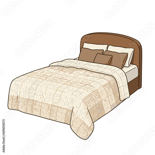 Cozy bed with beige quilt and pillows in minimalist style, vector illustration on transparent background    