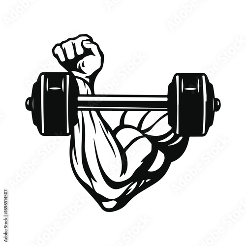 Strong Hand Holding a Dumbbell Black and White Illustration