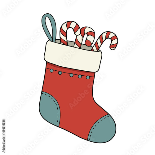 Christmas stocking filled with candy canes and holiday treats, vector illustration on transparent background  