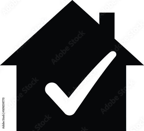 Simple black silhouette of a house with a white checkmark inside, symbolizing home ownership or approval.