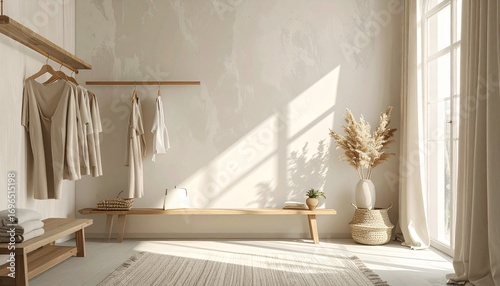 A minimalist and sunlit dressing room or bedroom interior with neutral-toned clothes on wooden racks, a bench, and dried pampas grass in a vase, creating a serene and warm atmosphere.