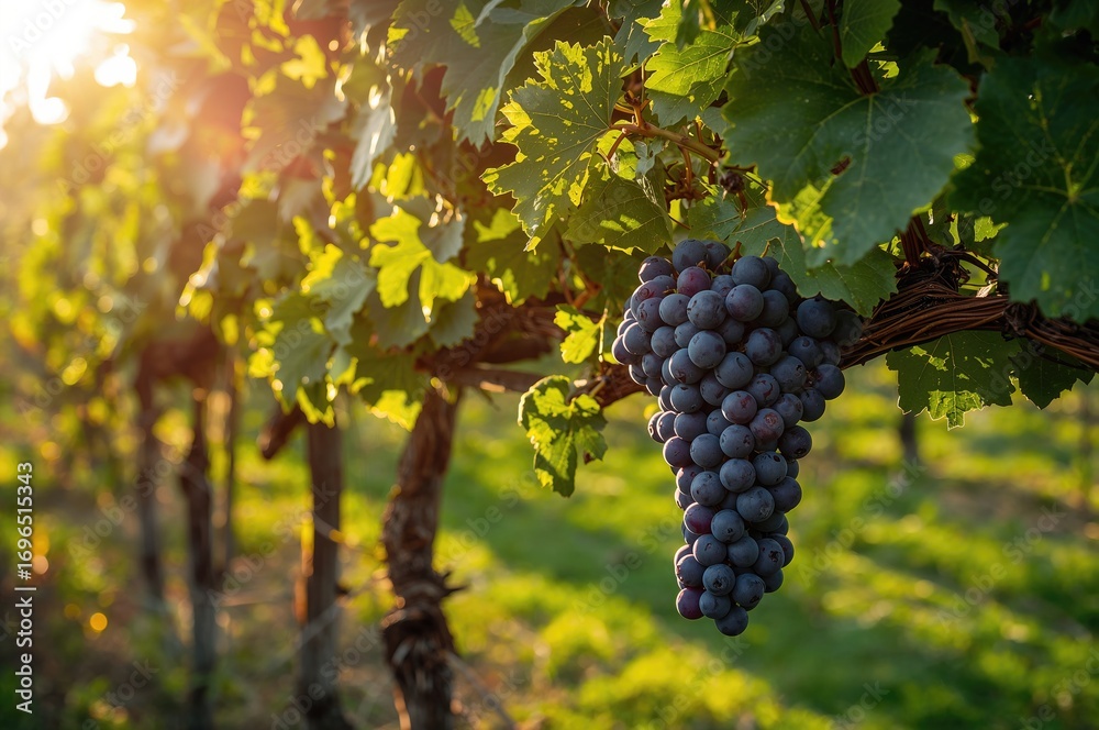 Obraz premium Cluster of Grapes Hanging on the Vine, Illuminated by Sunlight, Surrounded by Leaves and Vineyard Scenery