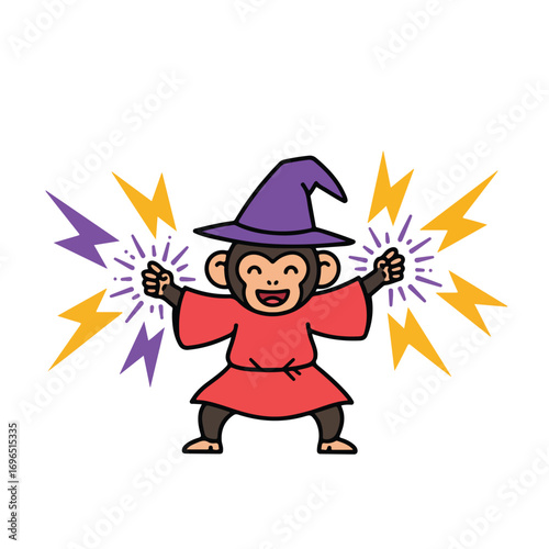 A cartoon monkey in a purple wizard hat and red robe conjuring magic bolts