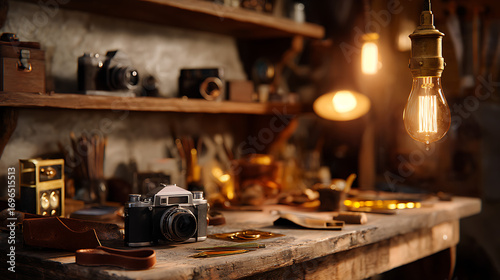 Vintage Camera Repair Shop Warm Lighting and Wooden Workbench