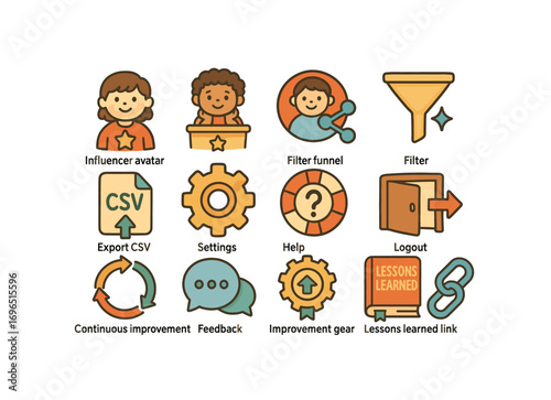Business, productivity flat icon set. workflow, settings, csv, feedback, funnel icons