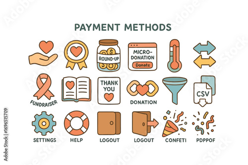 Payment methods flat icon set. donation, charity, fundraising and microdonation icons