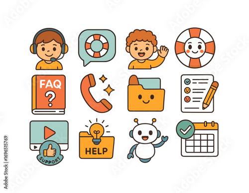 Customer support icon set. flat service, help, assistance, support icons collection