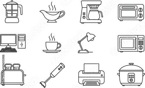 Collection of modern kitchen and home appliance line art icons