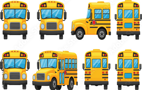 School bus, cartoon vehicle, yellow transport, front view, side view, rear view, educational asset, bus illustration, stop sign, transportation vector, kids travel, public vehicle, 