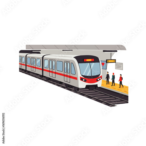 A modern subway train arrives at a station platform where passengers are waiting to board.