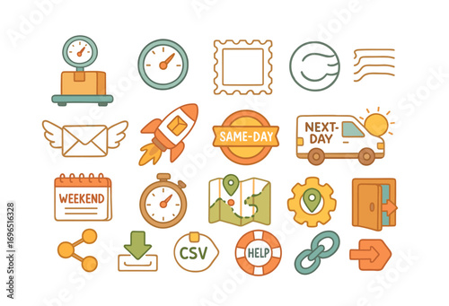 Postage and delivery outline icon set. mail, shipping logistics icons collection