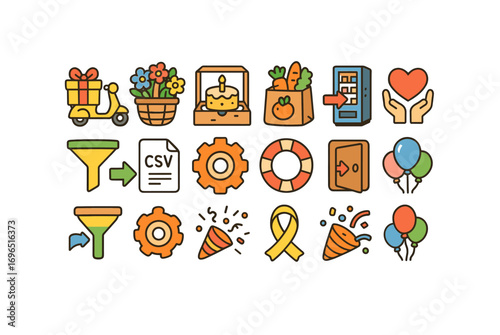 Celebration and charity flat icon set. party, giving, and support icons collection