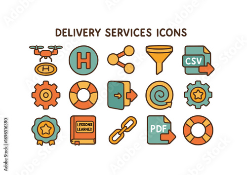 Delivery services flat icon set. logistic, courier, shipment, distribution collection
