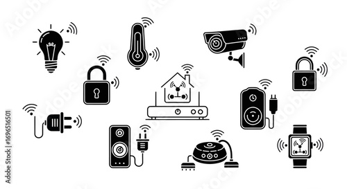 Various wireless devices, including smart home appliances, security cameras, and smart home accessories.
