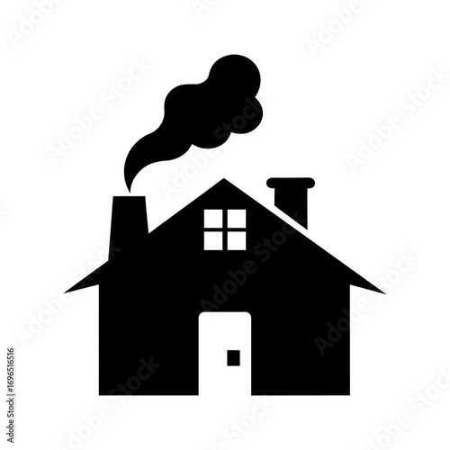 Silhouette of house with smoke coming from chimney minimal residential vector design artwork