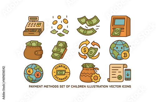 Payment methods icon set with flat style. currency, banking, e-commerce icons collection