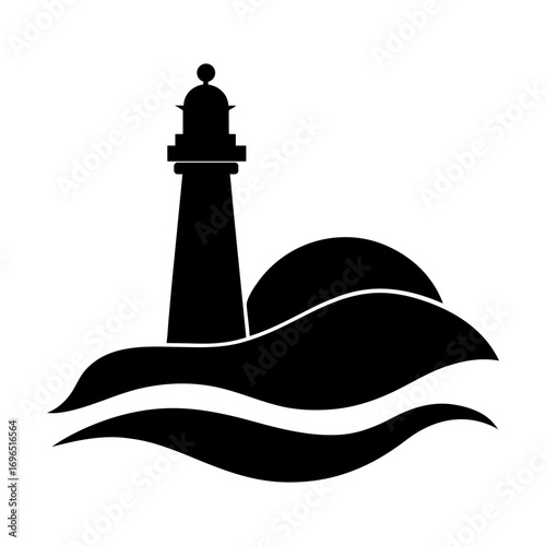Silhouette of lighthouse near ocean waves minimal coastal beacon vector design illustration