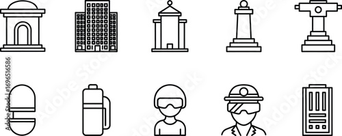 Collection of modern line art icons representing architecture, people, and objects