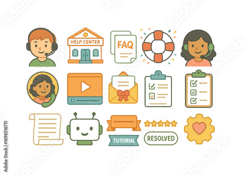 Customer support flat icon set. help center, chat, faq, checklist, bot icons collection