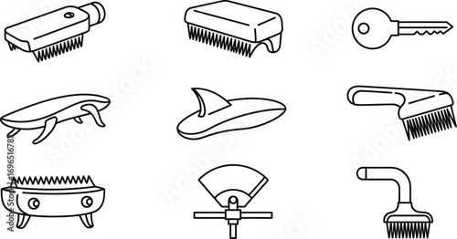 Set of cleaning tools and objects, including brushes, a key, and a cockroach illustration.