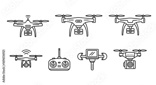 Line art drone icons: various types and accessories.