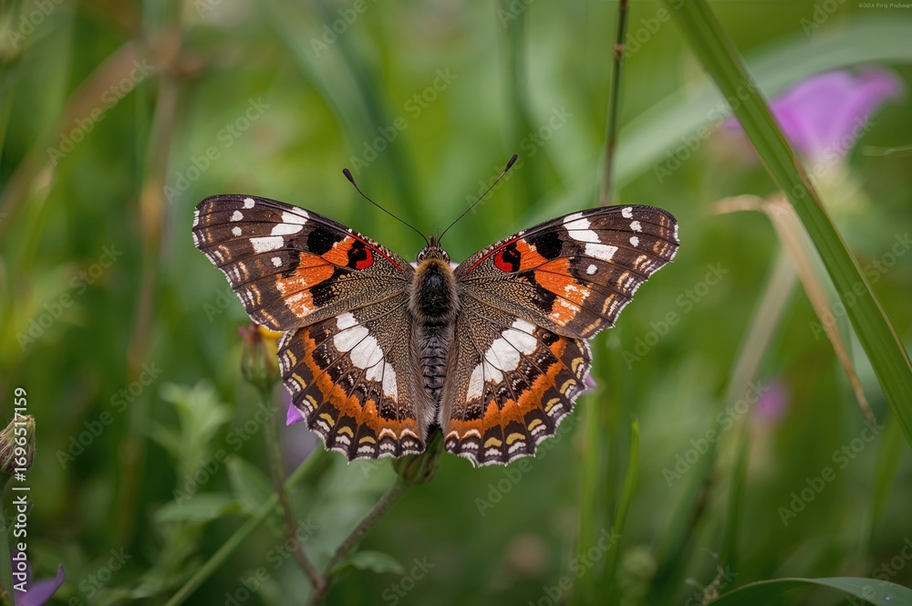 Obraz premium Vibrant butterfly design with flowers in a lush meadow during warm seasons