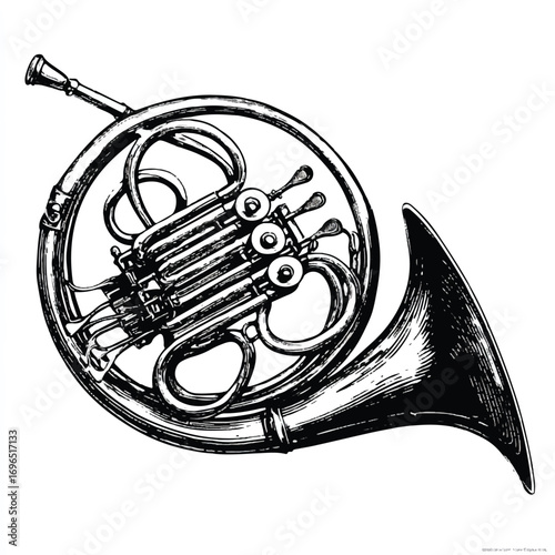 Elegant etching of a French horn showcasing classical music culture and artistic design for creative projects