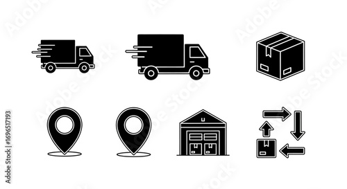 Set of black and white icons representing logistics, delivery, shipping, and warehouse operations.