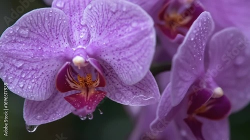 A close-up of purple orchids with raindrops sliding down the petals.